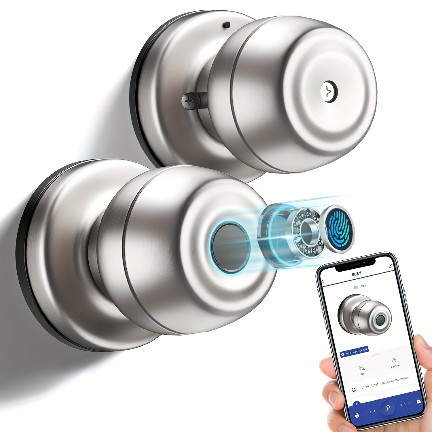 Fingerprint Door Lock, Smart Fingerprint Door Knob with Lock, Biometric Door Lock with App Control And Key, Keyless Thumbprint Entry Door Lock for Bedroom, Front Door, Home, Apartment Office-Os10Yb
