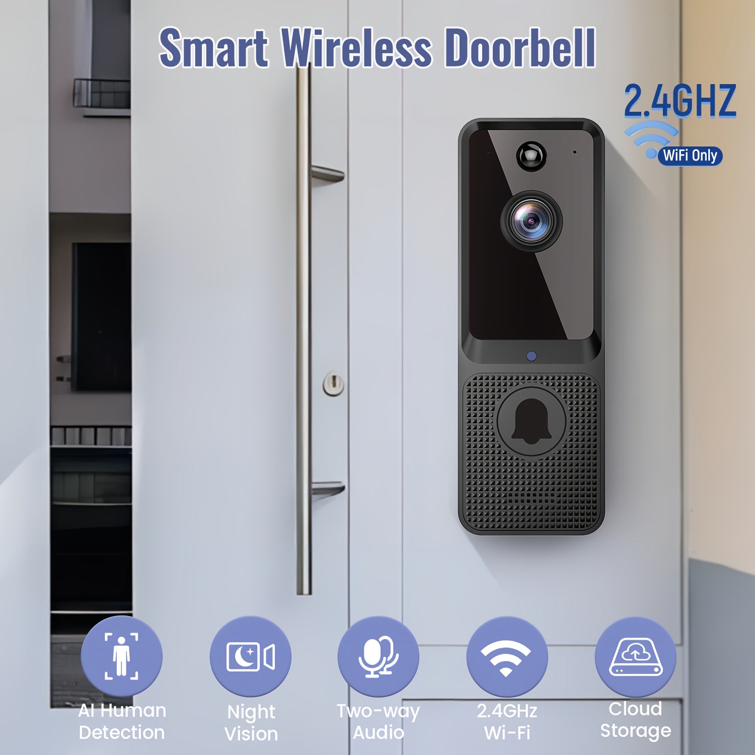 2K Wireless Camera, Multi-combination Smart Doorbell, 166° Wide-angle Video Surveillance, Two-way Voice Intercom, Cloud Storage, Support For Rechargeable Batteries, Equipped With AI Human Body Detection And 2.4G WiFi Connection, Clear Night Vision