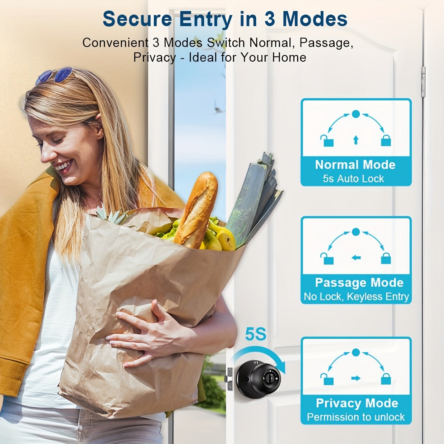 Fingerprint Door Lock, Smart Fingerprint Door Knob with Lock, Biometric Door Lock with App Control And Key, Keyless Thumbprint Entry Door Lock for Bedroom, Front Door, Home, Apartment Office-Os10Yb