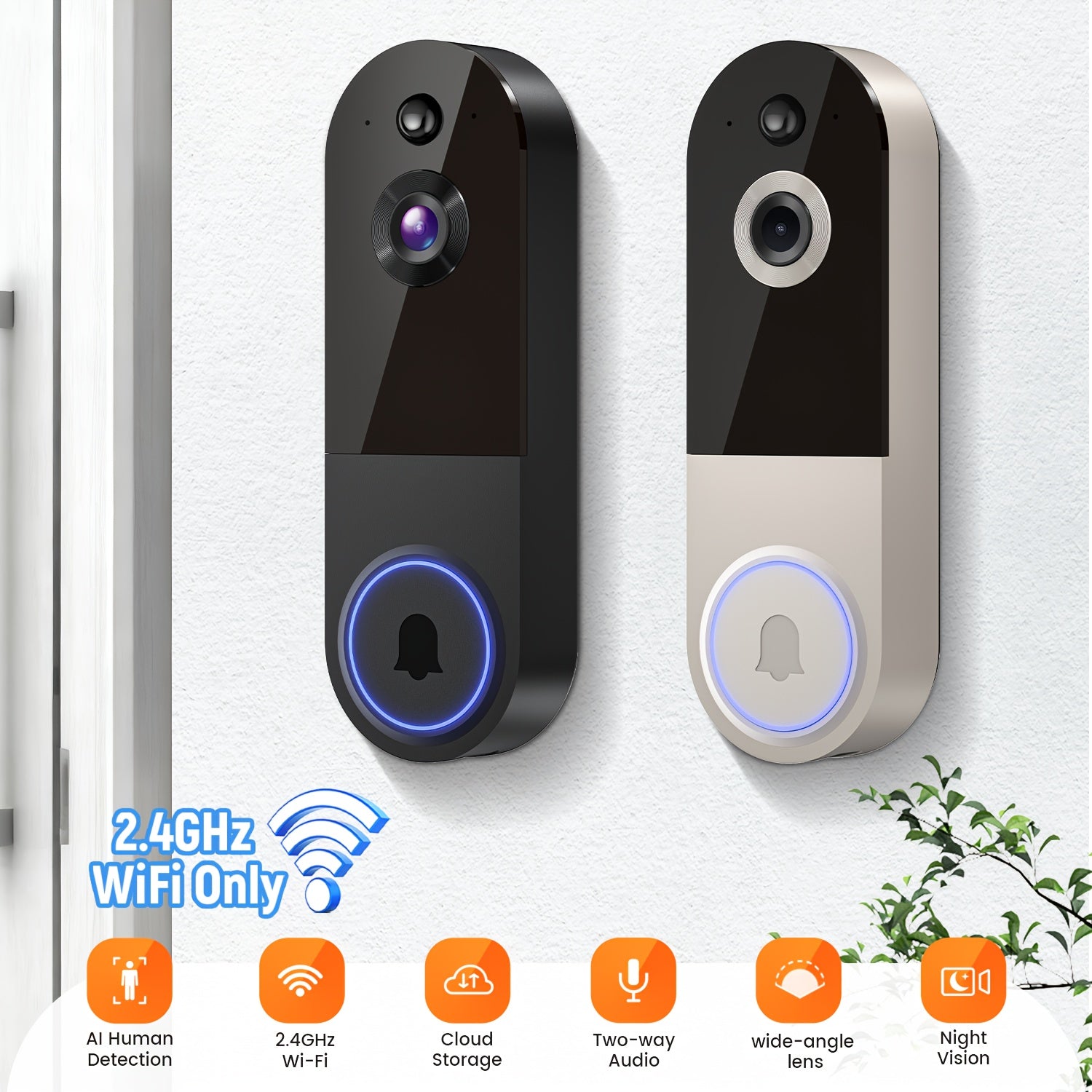 2K Wireless Camera, Multi-combination Smart Doorbell, 166° Wide-angle Video Surveillance, Two-way Voice Intercom, Cloud Storage, Support For Rechargeable Batteries, Equipped With AI Human Body Detection And 2.4G WiFi Connection, Clear Night Vision