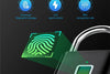Fingerprint lock with digital fingerprint scanning and security features on a dark background