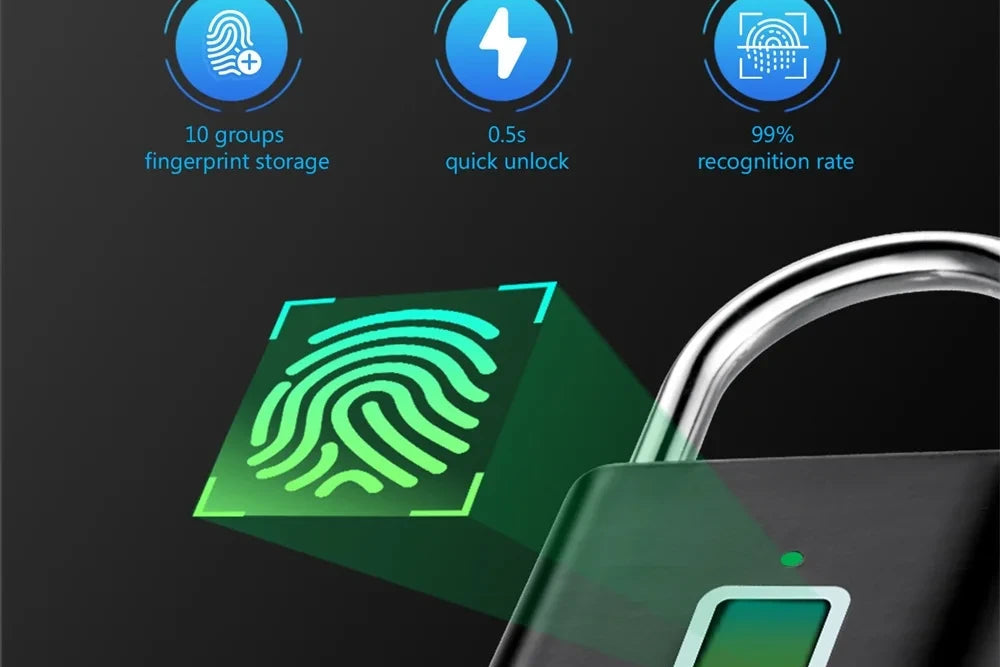 Fingerprint lock with digital fingerprint scanning and security features on a dark background