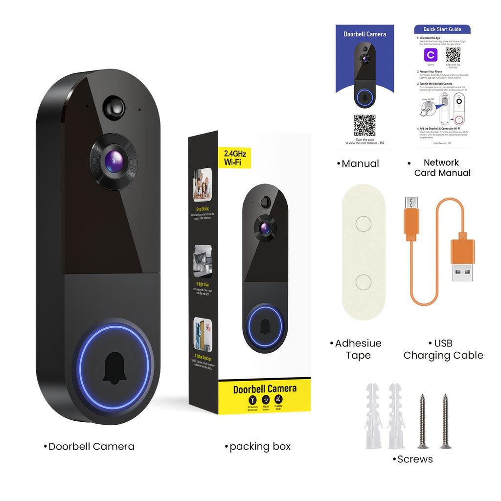 2K Wireless Camera, Multi-combination Smart Doorbell, 166° Wide-angle Video Surveillance, Two-way Voice Intercom, Cloud Storage, Support For Rechargeable Batteries, Equipped With AI Human Body Detection And 2.4G WiFi Connection, Clear Night Vision