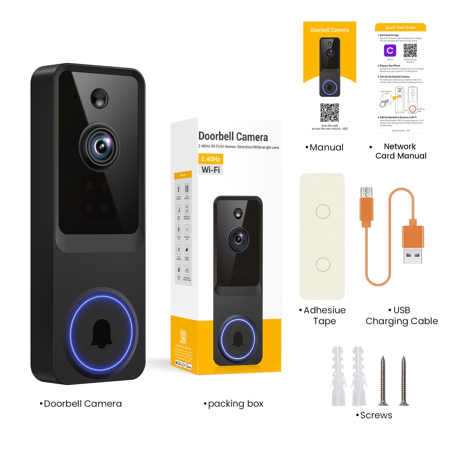 2K Wireless Camera, Multi-combination Smart Doorbell, 166° Wide-angle Video Surveillance, Two-way Voice Intercom, Cloud Storage, Support For Rechargeable Batteries, Equipped With AI Human Body Detection And 2.4G WiFi Connection, Clear Night Vision