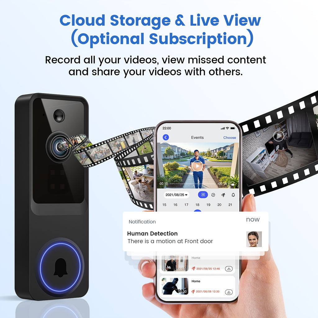 2K Wireless Camera, Multi-combination Smart Doorbell, 166° Wide-angle Video Surveillance, Two-way Voice Intercom, Cloud Storage, Support For Rechargeable Batteries, Equipped With AI Human Body Detection And 2.4G WiFi Connection, Clear Night Vision