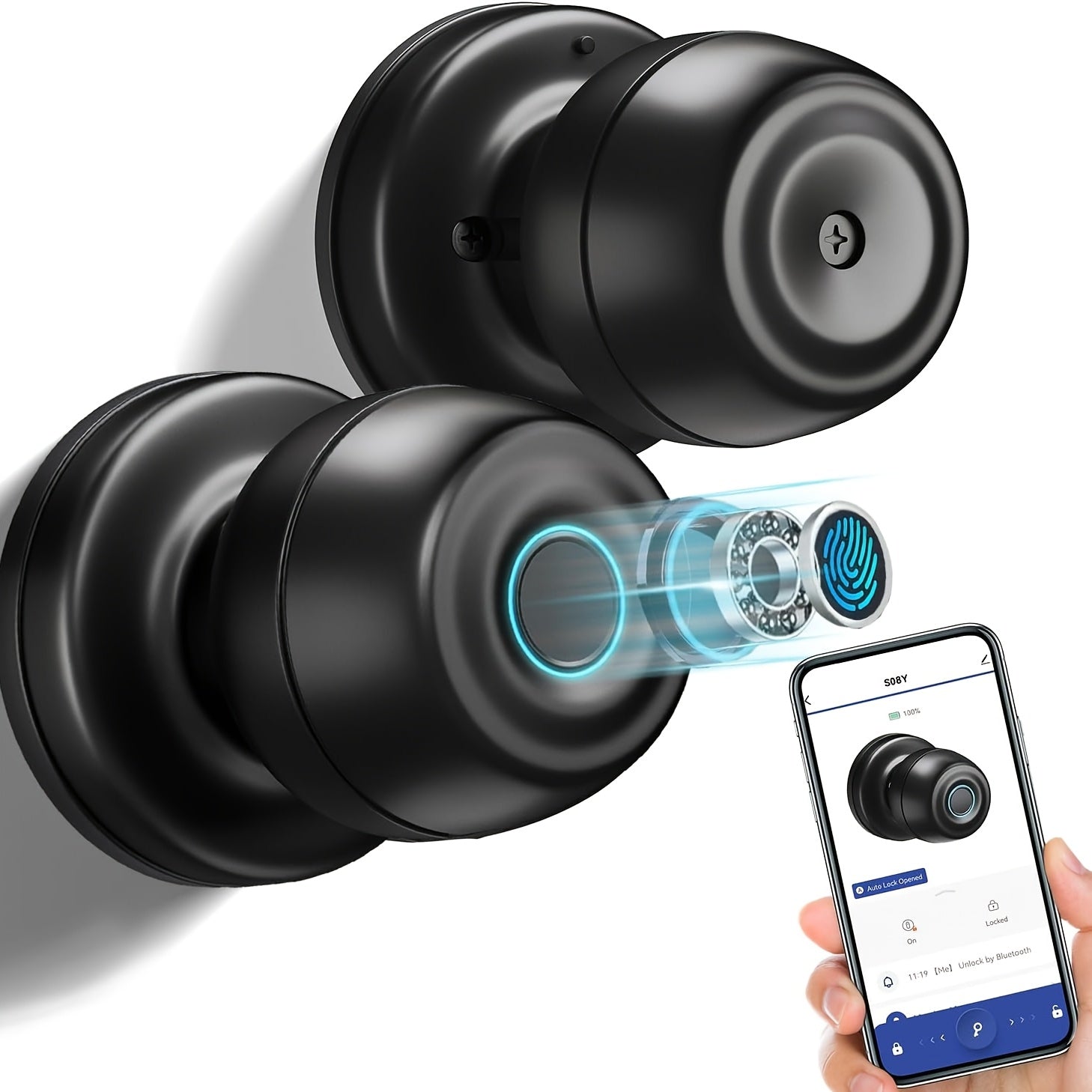 Fingerprint Door Lock, Smart Fingerprint Door Knob with Lock, Biometric Door Lock with App Control And Key, Keyless Thumbprint Entry Door Lock for Bedroom, Front Door, Home, Apartment Office-Os10Yb