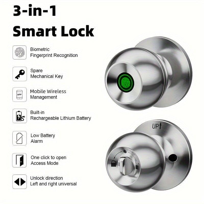 Fingerprint Door Lock, Smart Fingerprint Door Knob with Lock, Biometric Door Lock with App Control And Key, Keyless Thumbprint Entry Door Lock for Bedroom, Front Door, Home, Apartment Office-Os10Yb