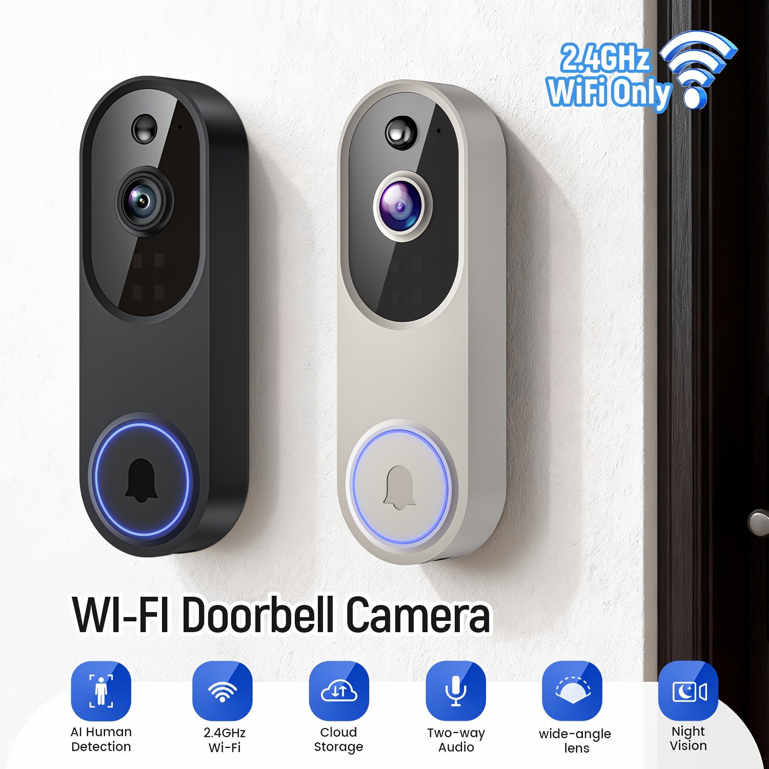 2K Wireless Camera, Multi-combination Smart Doorbell, 166° Wide-angle Video Surveillance, Two-way Voice Intercom, Cloud Storage, Support For Rechargeable Batteries, Equipped With AI Human Body Detection And 2.4G WiFi Connection, Clear Night Vision