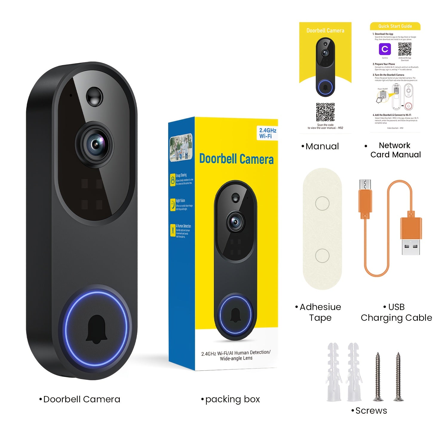2K Wireless Camera, Multi-combination Smart Doorbell, 166° Wide-angle Video Surveillance, Two-way Voice Intercom, Cloud Storage, Support For Rechargeable Batteries, Equipped With AI Human Body Detection And 2.4G WiFi Connection, Clear Night Vision