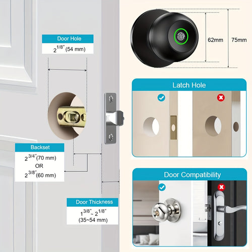 Fingerprint Door Lock, Smart Fingerprint Door Knob with Lock, Biometric Door Lock with App Control And Key, Keyless Thumbprint Entry Door Lock for Bedroom, Front Door, Home, Apartment Office-Os10Yb